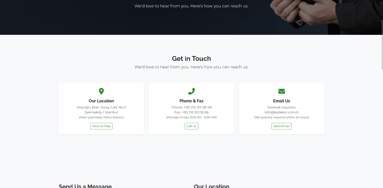 Contact page with location, phone, and email details.
