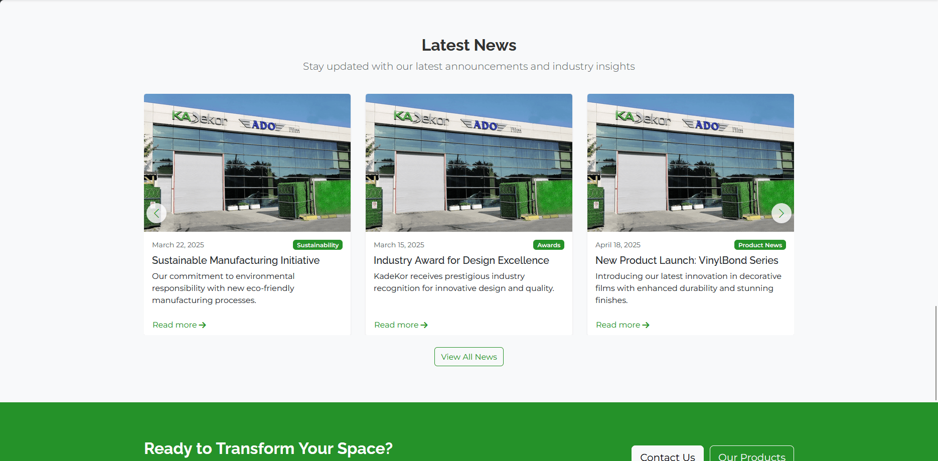 Company news and call-to-action section on the home page.