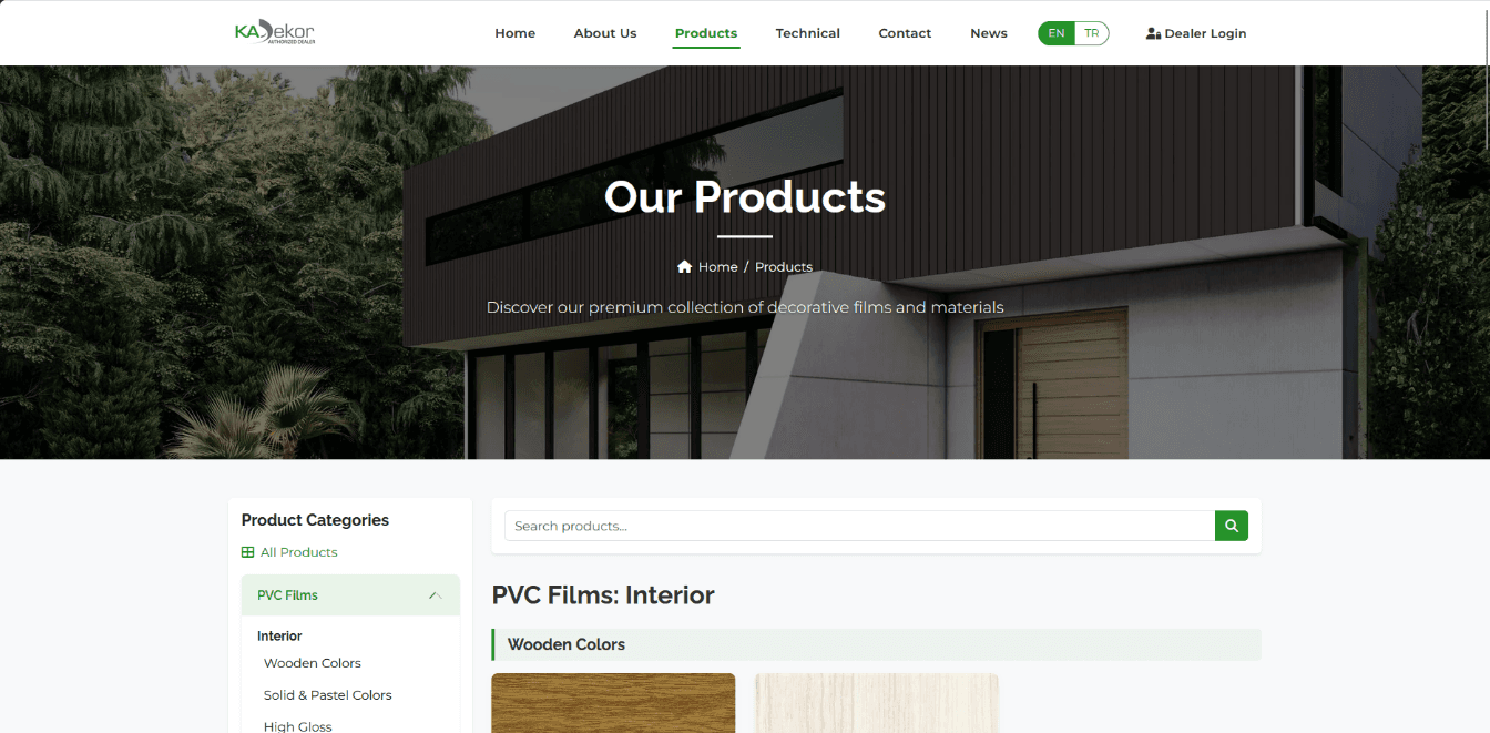 Product catalog with category filters and live search.