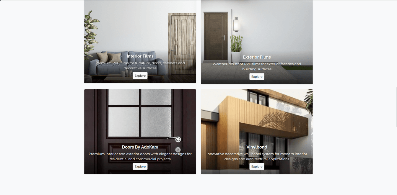 Product line showcase: Interior Films, Exterior Films, Doors, and Vinylbond.