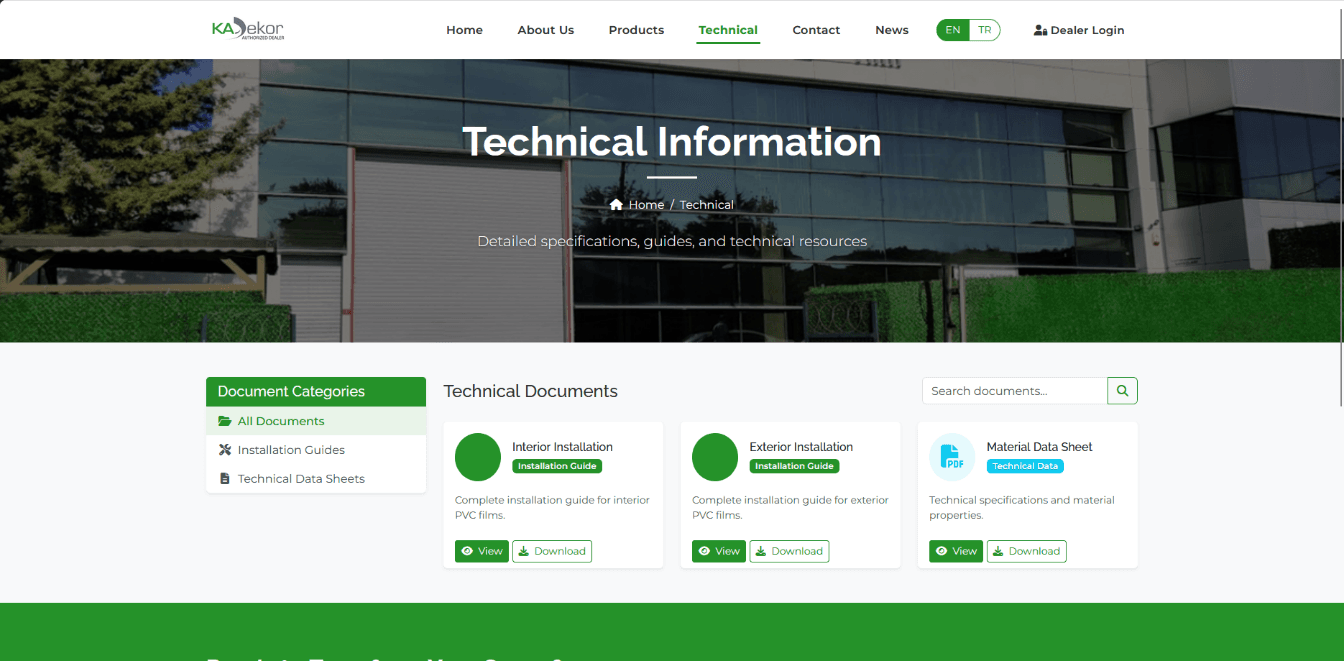 Technical Information center — installation guides and material data sheets.