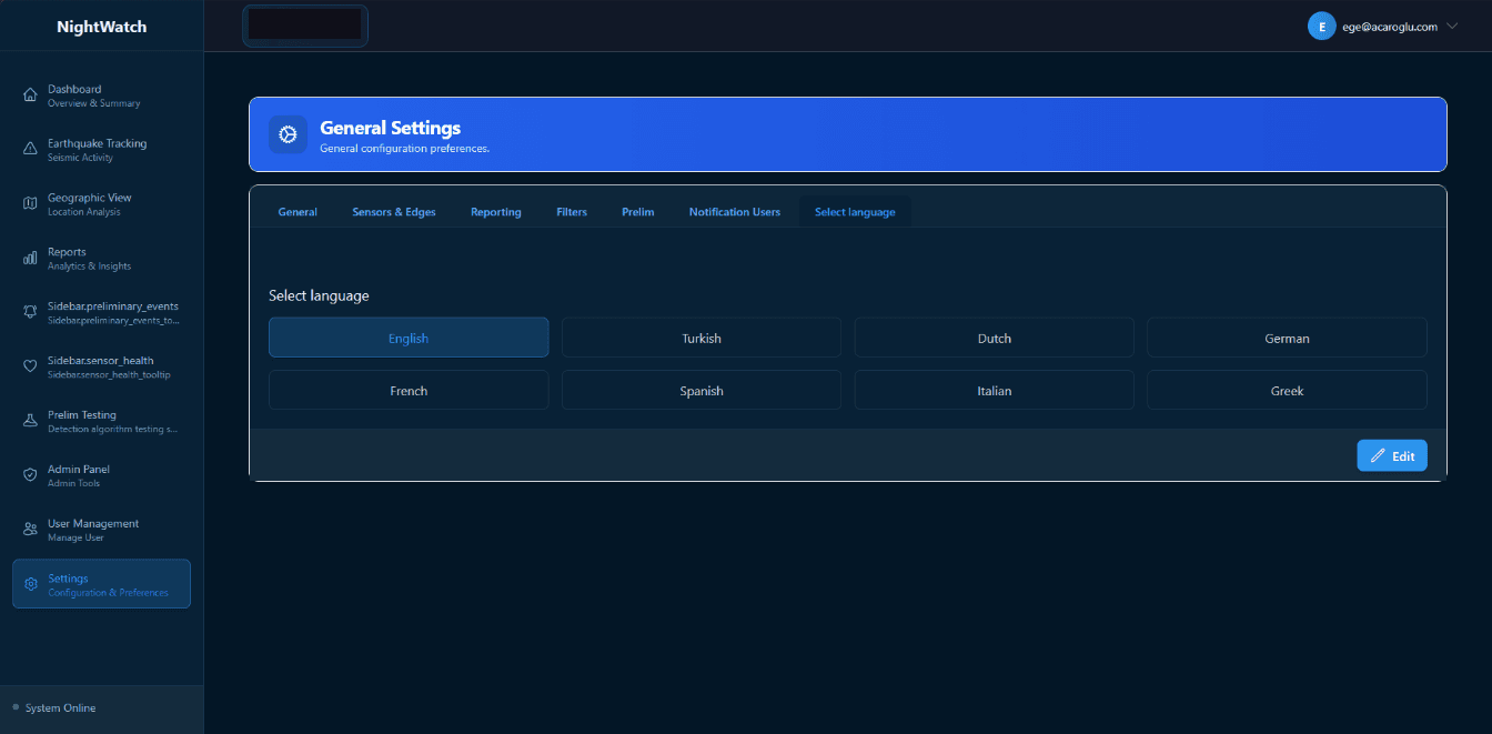 Settings panel — interface available in 8 languages.